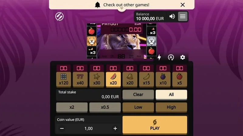 Lion Zama Fruits Bonus Spins - glavni ekran voćnog automata s likom lava iz serije African Big 5